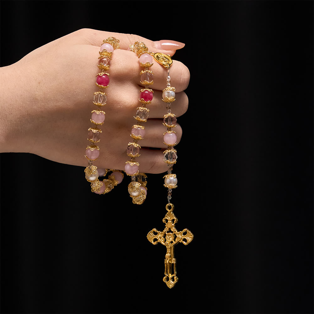 Christianartworkshop Pink-Tone Glass Devotion Rosary with Our Lady Medal & Crucifix: Sacred Love Woven in Elegant Craft - image 1