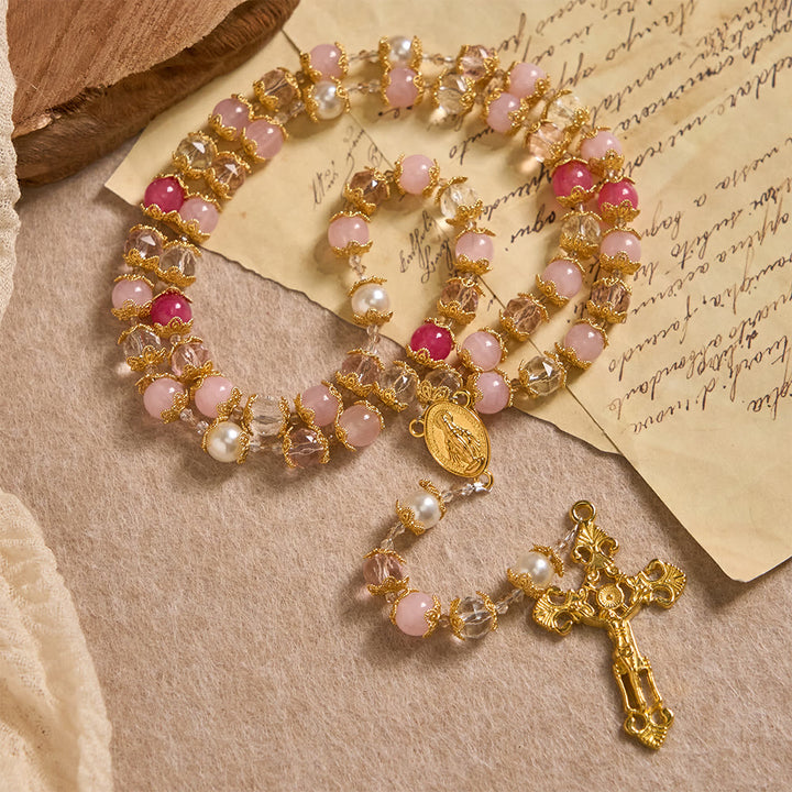 Christianartworkshop Pink-Tone Glass Devotion Rosary with Our Lady Medal & Crucifix: Sacred Love Woven in Elegant Craft - image 3