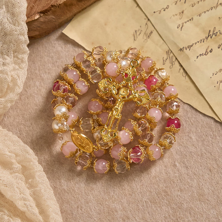 Christianartworkshop Pink-Tone Glass Devotion Rosary with Our Lady Medal & Crucifix: Sacred Love Woven in Elegant Craft - image 4