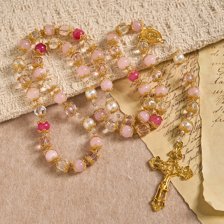 Christianartworkshop Pink-Tone Glass Devotion Rosary with Our Lady Medal & Crucifix: Sacred Love Woven in Elegant Craft - image 2