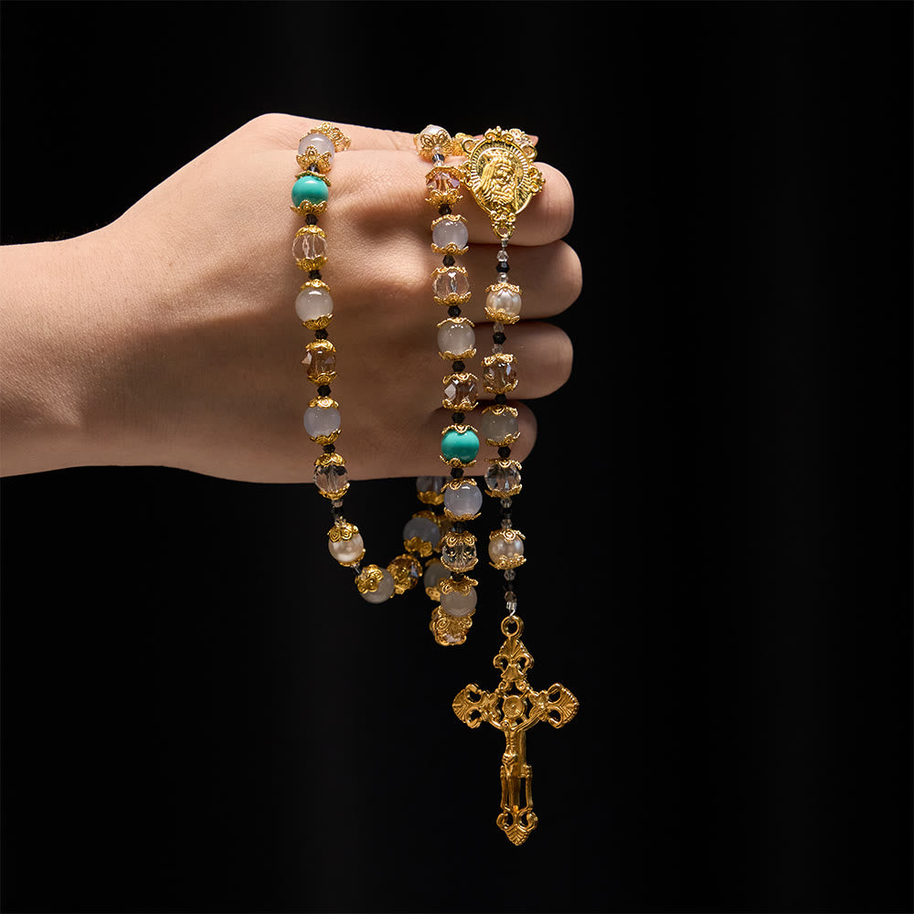 Christianartworkshop Blue-Tone Glass Bead Rosary with Our Lady Medal & Crucifix: A Symbol of Grace in Every Prayer - image 1