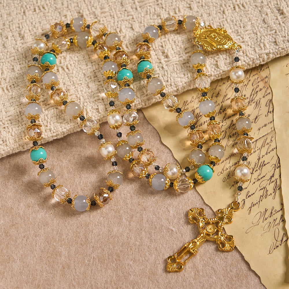 Christianartworkshop Blue-Tone Glass Bead Rosary with Our Lady Medal & Crucifix: A Symbol of Grace in Every Prayer - image 2