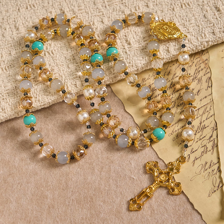Christianartworkshop Blue-Tone Glass Bead Rosary with Our Lady Medal & Crucifix: A Symbol of Grace in Every Prayer - image 2