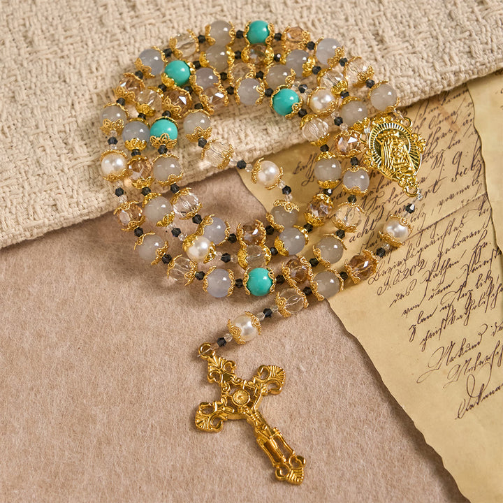 Christianartworkshop Blue-Tone Glass Bead Rosary with Our Lady Medal & Crucifix: A Symbol of Grace in Every Prayer - image 3