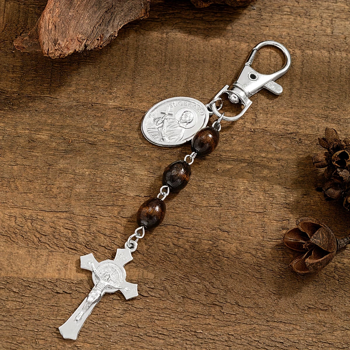 St. Gerard & Jesus Medallion Wood-Bead Crucifix Keychain