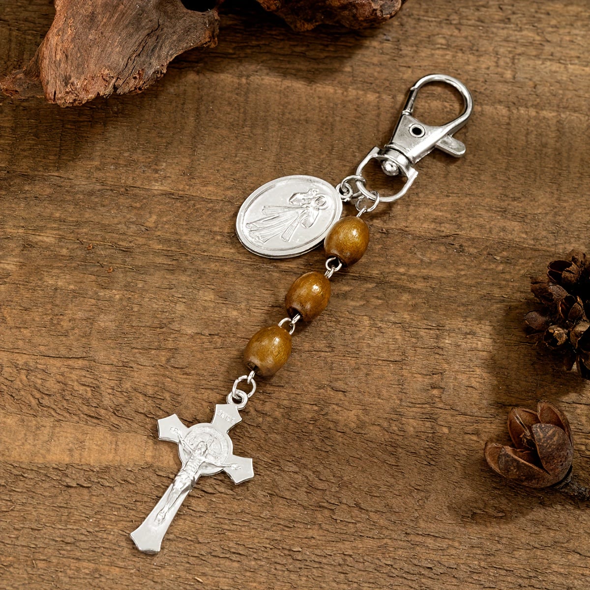 St. Gerard & Jesus Medallion Wood-Bead Crucifix Keychain