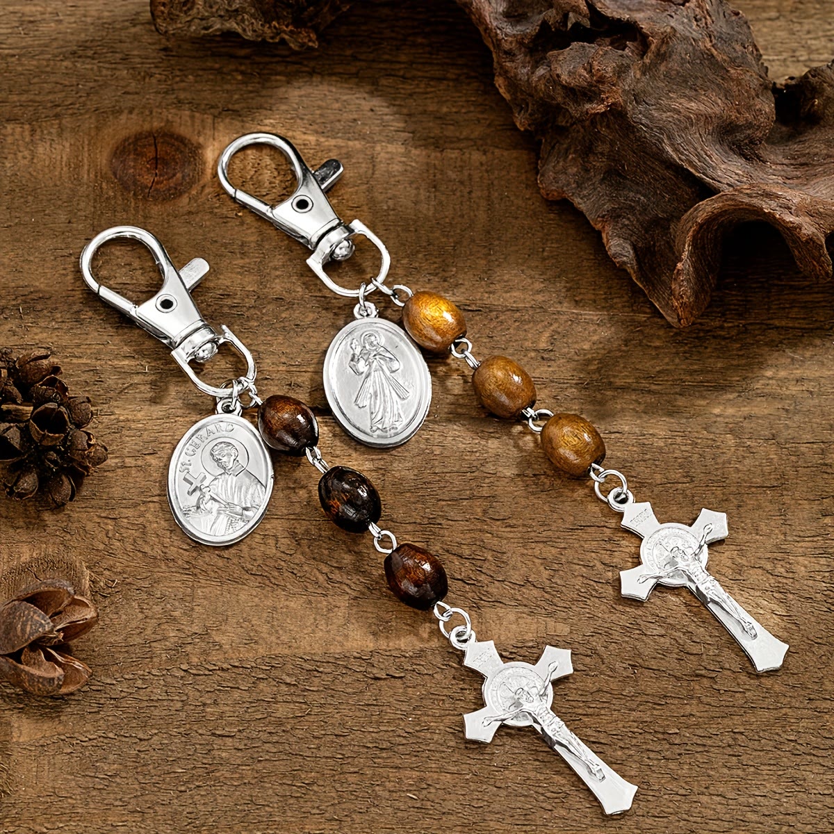 St. Gerard & Jesus Medallion Wood-Bead Crucifix Keychain