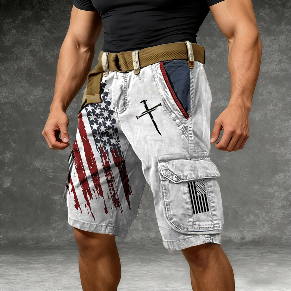 Christianartworkshop Vintage Nail Cross & USA Flag Cargo Shorts - image 1