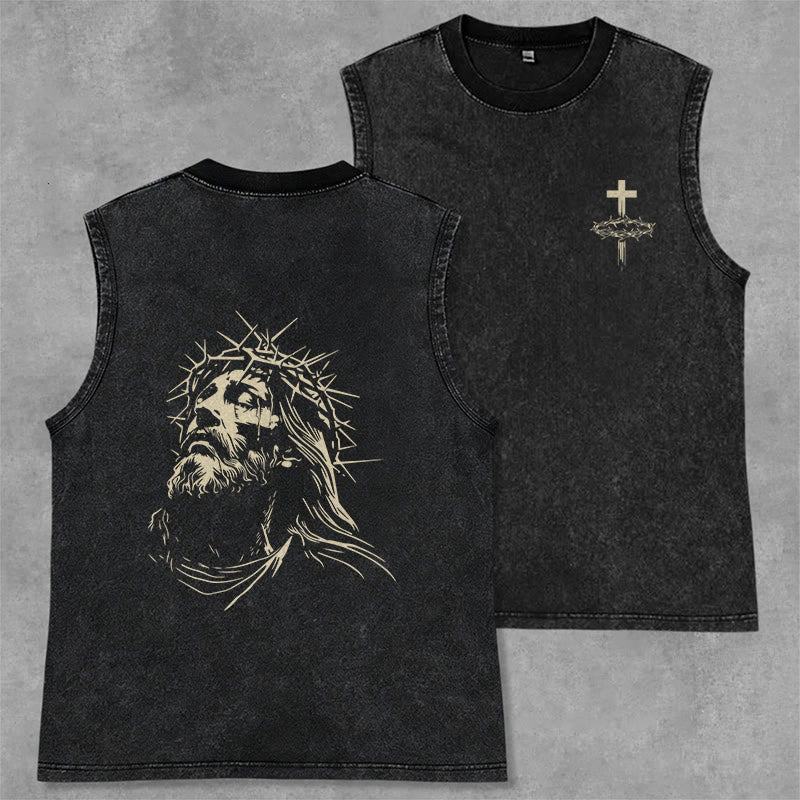 Christianartworkshop Vintage Crown of Thorns Jesus Unisex Washed Tank Top - Black - 2XL - image 0