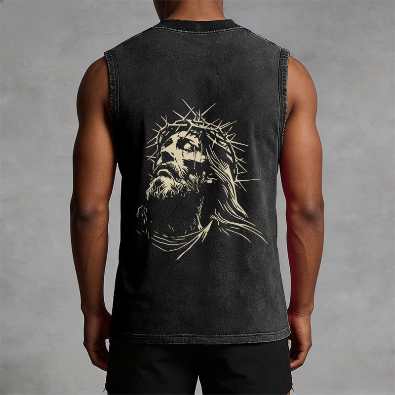 Christianartworkshop Vintage Crown of Thorns Jesus Unisex Washed Tank Top - image 1