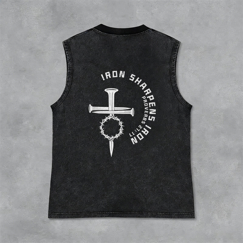 Christianartworkshop Proverbs 27:17 Nail Cross Unisex Washed Tank Top - image 5