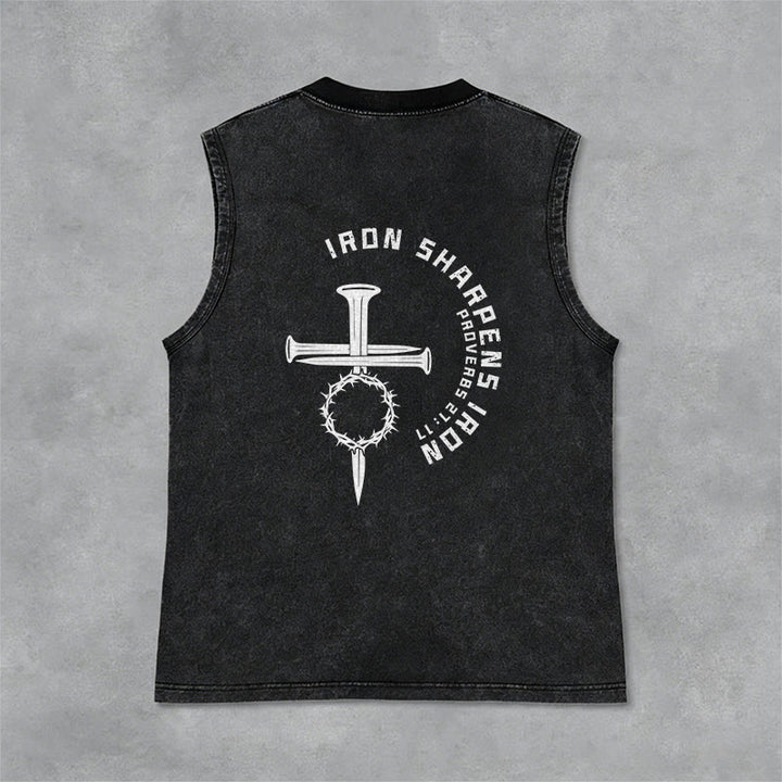 Christianartworkshop Proverbs 27:17 Nail Cross Unisex Washed Tank Top - image 5