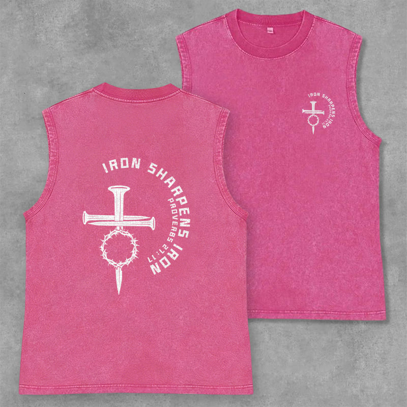 Christianartworkshop Proverbs 27:17 Nail Cross Unisex Washed Tank Top - Pink - 2XL - image 22