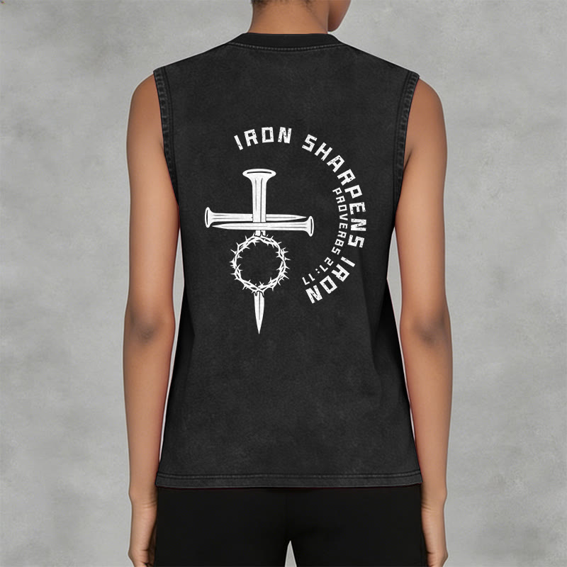 Christianartworkshop Proverbs 27:17 Nail Cross Unisex Washed Tank Top - image 4