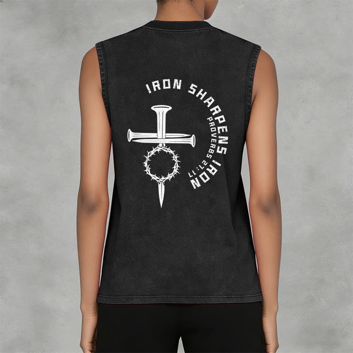 Christianartworkshop Proverbs 27:17 Nail Cross Unisex Washed Tank Top - image 3