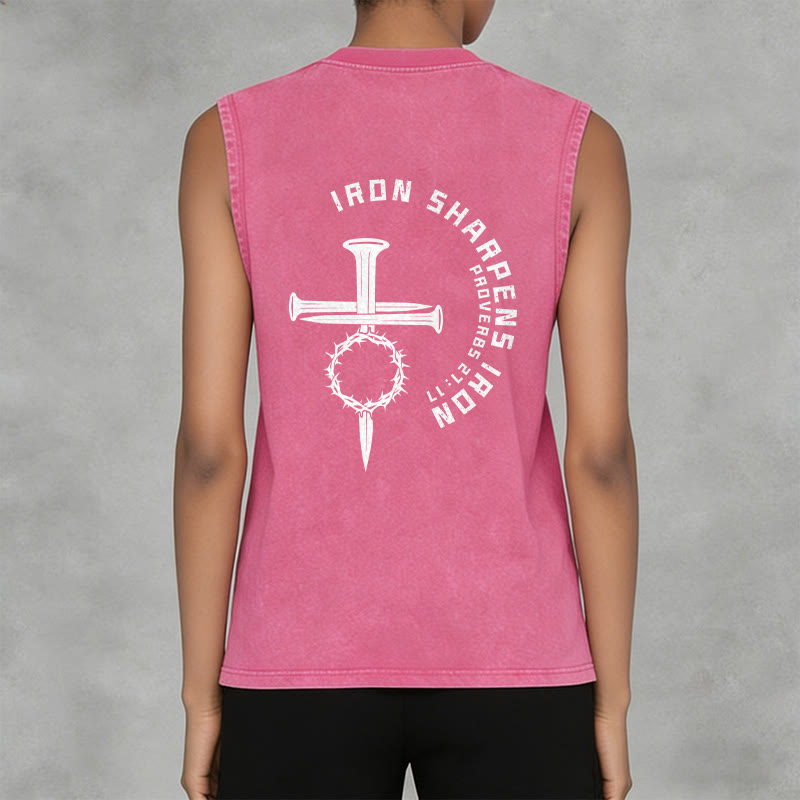 Christianartworkshop Proverbs 27:17 Nail Cross Unisex Washed Tank Top - image 24