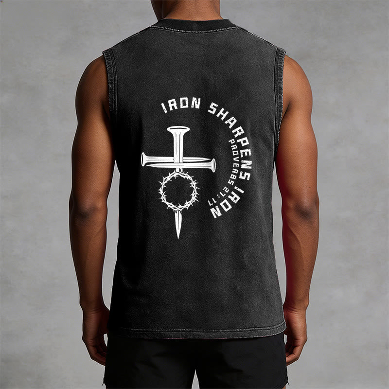 Christianartworkshop Proverbs 27:17 Nail Cross Unisex Washed Tank Top - image 1