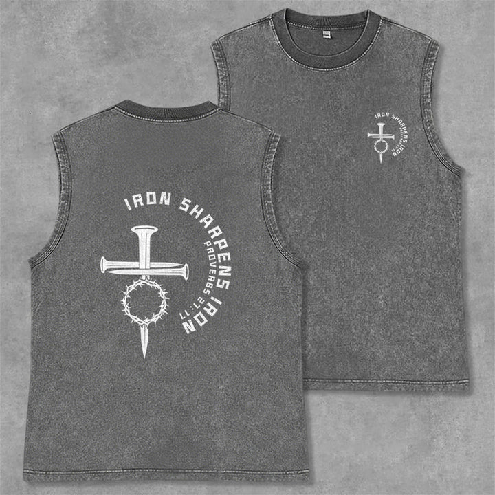 Christianartworkshop Proverbs 27:17 Nail Cross Unisex Washed Tank Top - Grey - 2XL - image 7