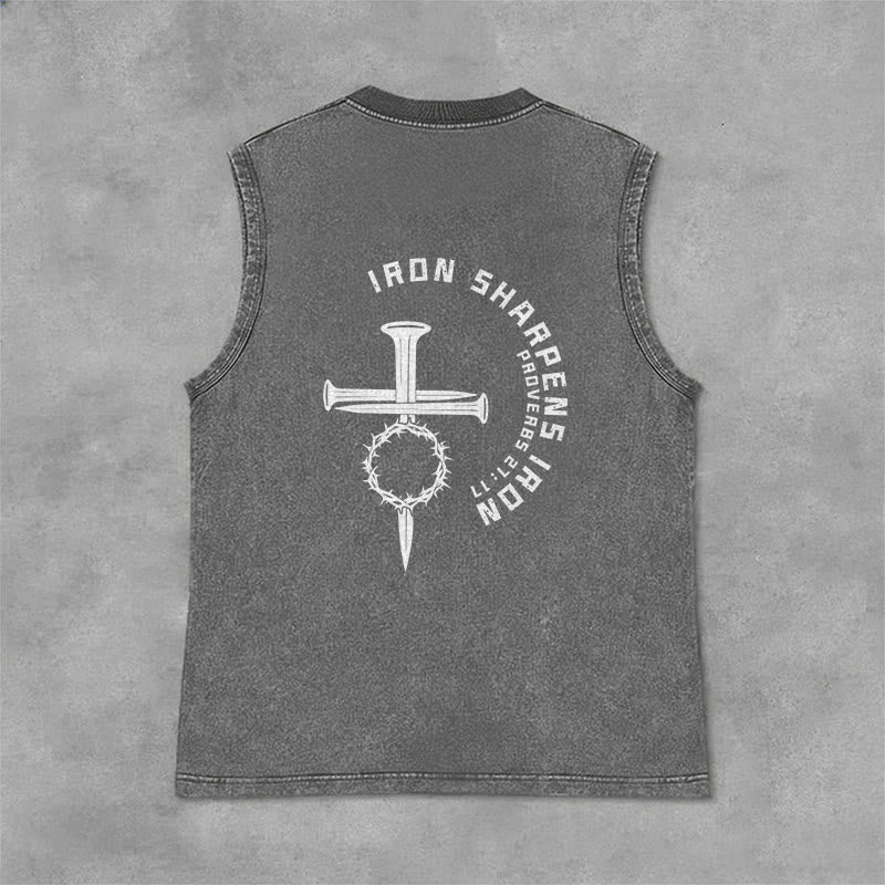 Christianartworkshop Proverbs 27:17 Nail Cross Unisex Washed Tank Top - image 12