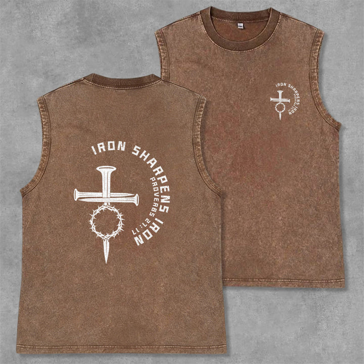 Christianartworkshop Proverbs 27:17 Nail Cross Unisex Washed Tank Top - Brown - 2XL - image 28
