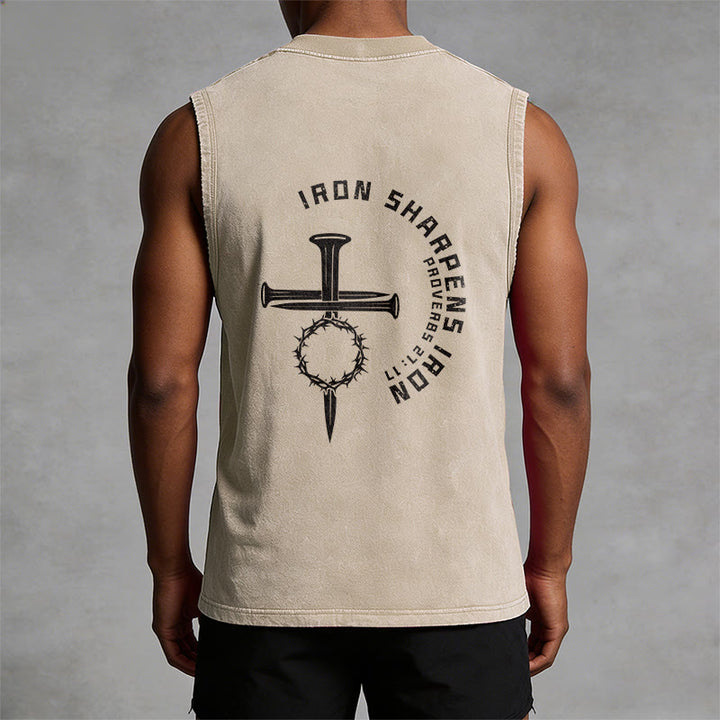 Christianartworkshop Proverbs 27:17 Nail Cross Unisex Washed Tank Top - image 15