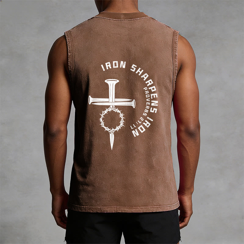 Christianartworkshop Proverbs 27:17 Nail Cross Unisex Washed Tank Top - image 29