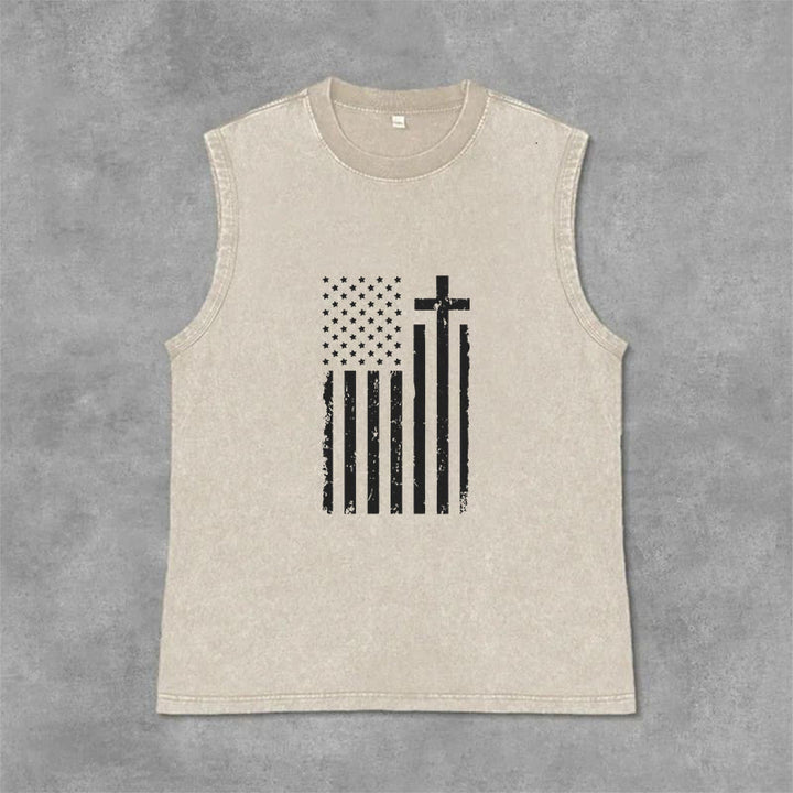 Christianartworkshop American Flag & Cross Patriotic Washed Tank Top - Beige - 2XL - image 9