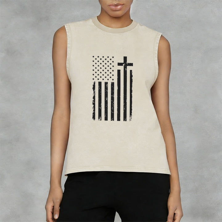 Christianartworkshop American Flag & Cross Patriotic Washed Tank Top - image 11