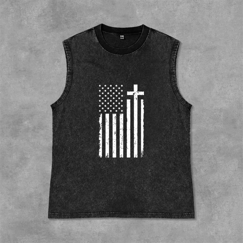 Christianartworkshop American Flag & Cross Patriotic Washed Tank Top - Black - 2XL - image 3