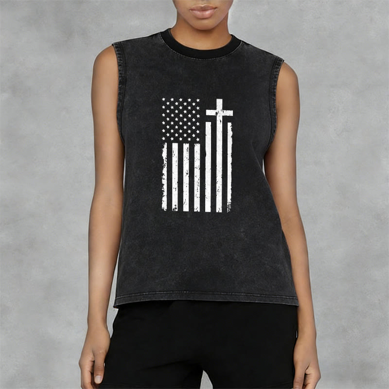 Christianartworkshop American Flag & Cross Patriotic Washed Tank Top - image 5