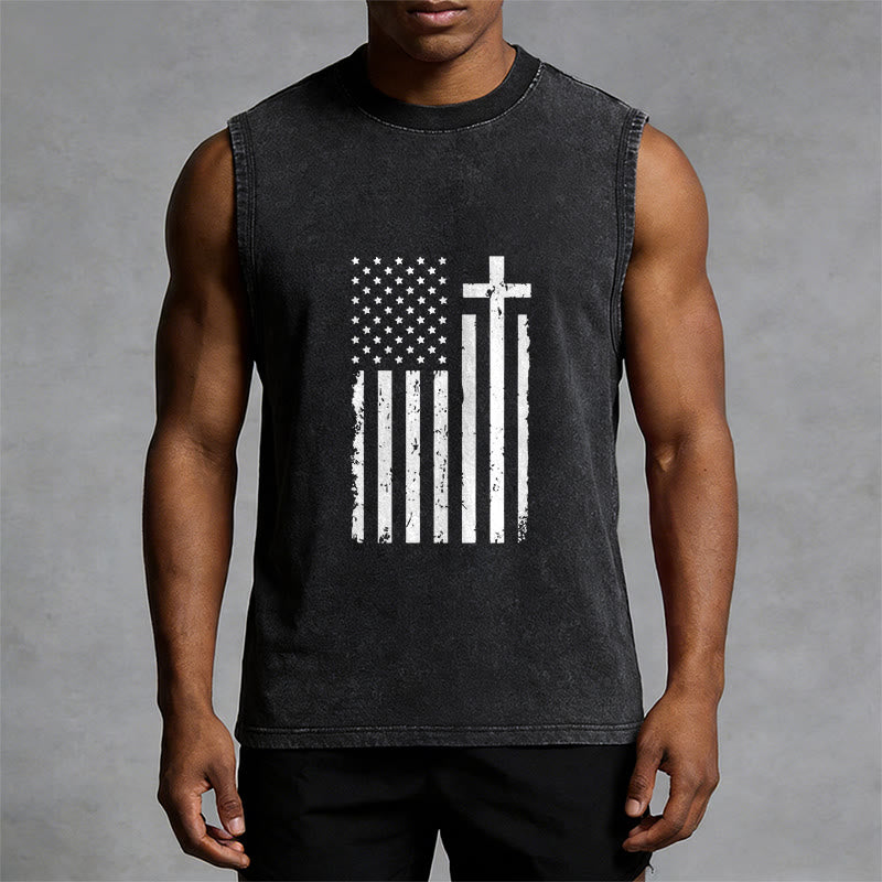 Christianartworkshop American Flag & Cross Patriotic Washed Tank Top - image 4