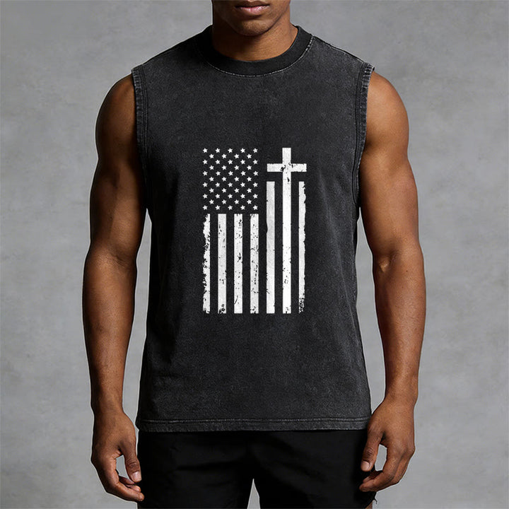 Christianartworkshop American Flag & Cross Patriotic Washed Tank Top - image 4
