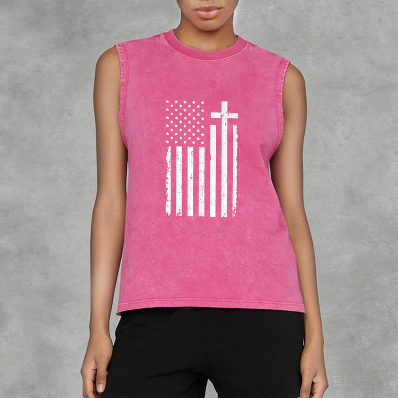 Christianartworkshop American Flag & Cross Patriotic Washed Tank Top - image 14