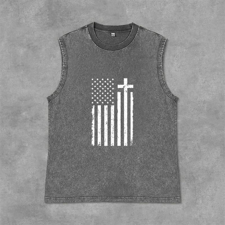 Christianartworkshop American Flag & Cross Patriotic Washed Tank Top - Grey - 2XL - image 6