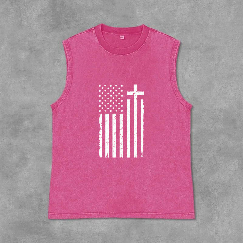 Christianartworkshop American Flag & Cross Patriotic Washed Tank Top - Pink - 2XL - image 12