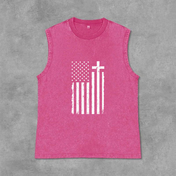 Christianartworkshop American Flag & Cross Patriotic Washed Tank Top - Pink - 2XL - image 12