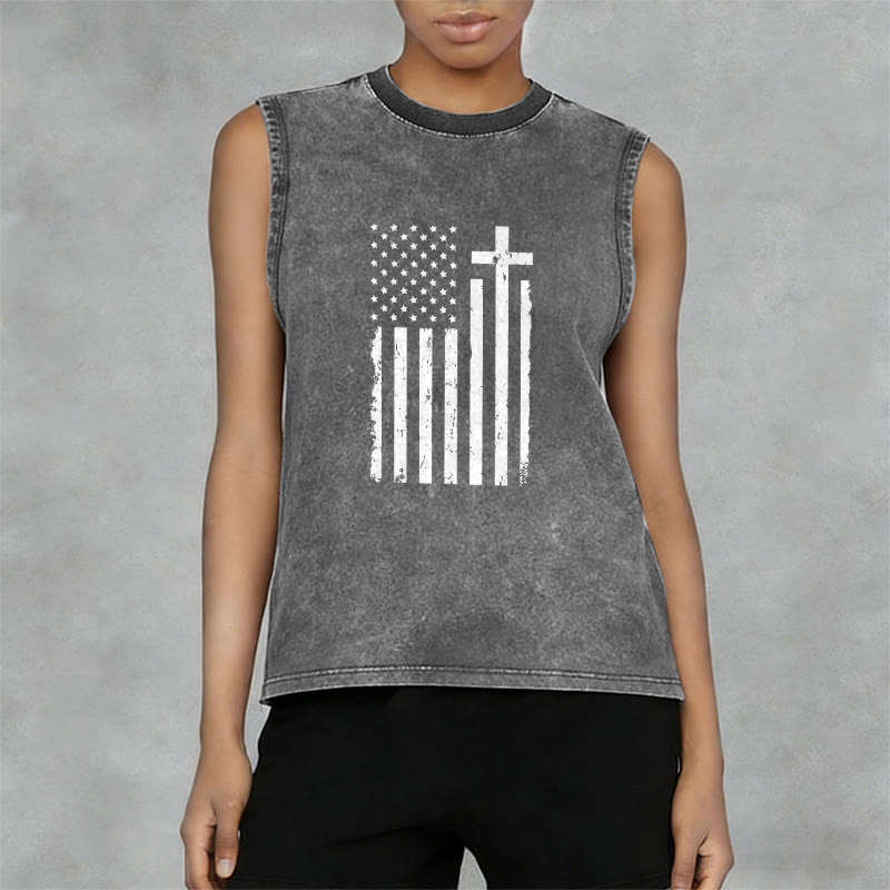 Christianartworkshop American Flag & Cross Patriotic Washed Tank Top - image 8