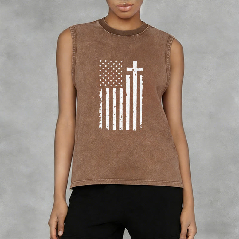 Christianartworkshop American Flag & Cross Patriotic Washed Tank Top - image 2