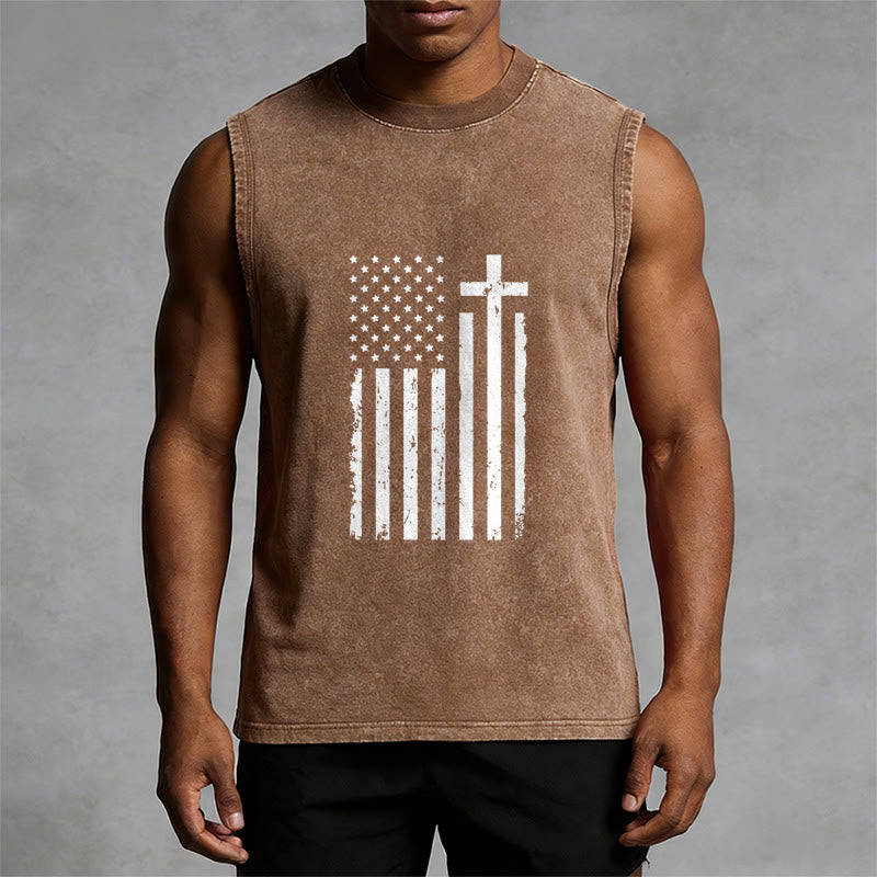 Christianartworkshop American Flag & Cross Patriotic Washed Tank Top - image 1
