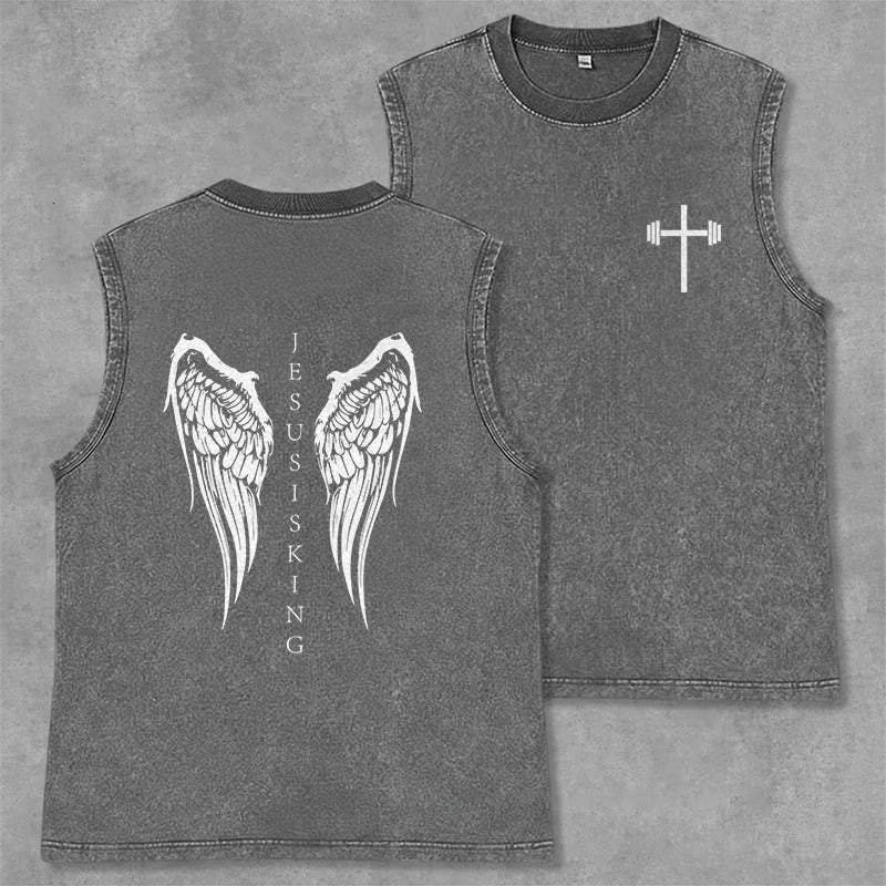 Christianartworkshop Jesus Is King Angel Wings Washed Tank Top - Grey - 2XL - image 7
