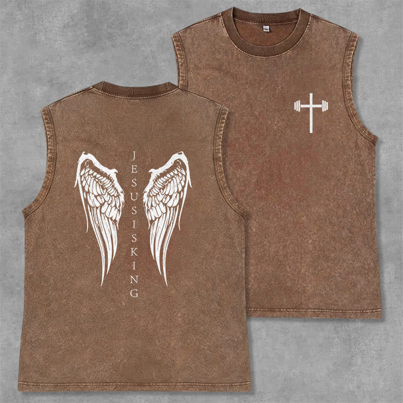 Christianartworkshop Jesus Is King Angel Wings Washed Tank Top - Brown - 2XL - image 28
