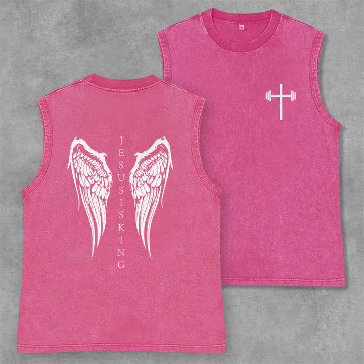Christianartworkshop Jesus Is King Angel Wings Washed Tank Top - Pink - 2XL - image 21