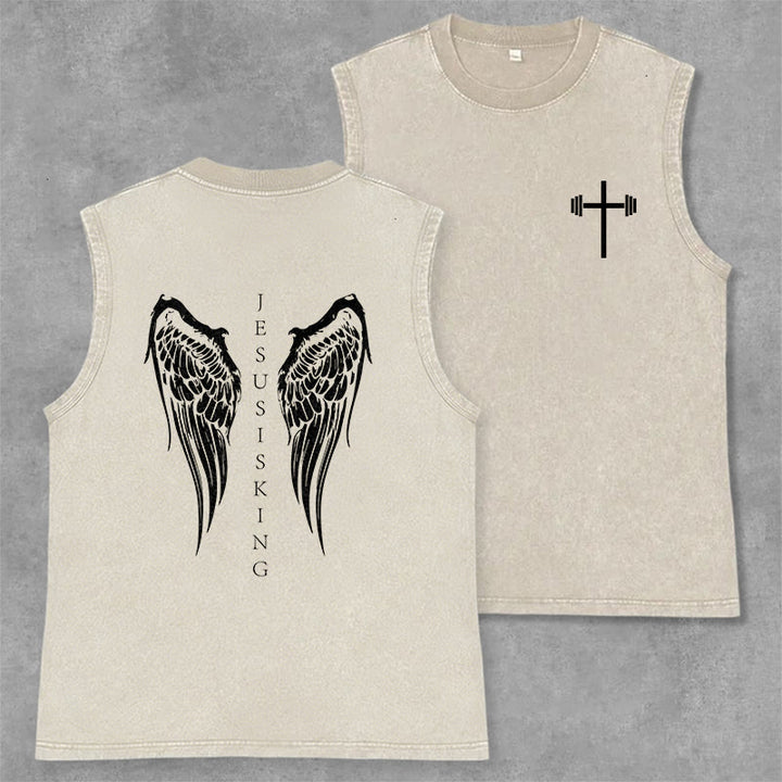 Christianartworkshop Jesus Is King Angel Wings Washed Tank Top - Beige - 2XL - image 14