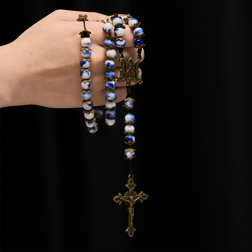 Christianartworkshop Blue and White Beaded Rosary with Miraculous Medal: A Token of Heavenly Intercession - image 1