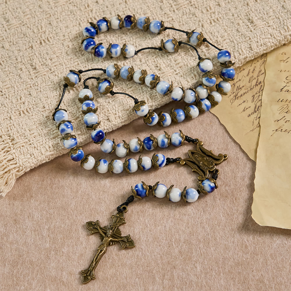 Christianartworkshop Blue and White Beaded Rosary with Miraculous Medal: A Token of Heavenly Intercession - Miraculous Medal & Crucifix - image 0