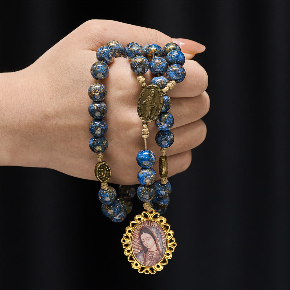 Christianartworkshop Blessed Our Lady Seven Sorrows Rosary with Blue Oil-Paint Beads & Our Lady Medal - image 1
