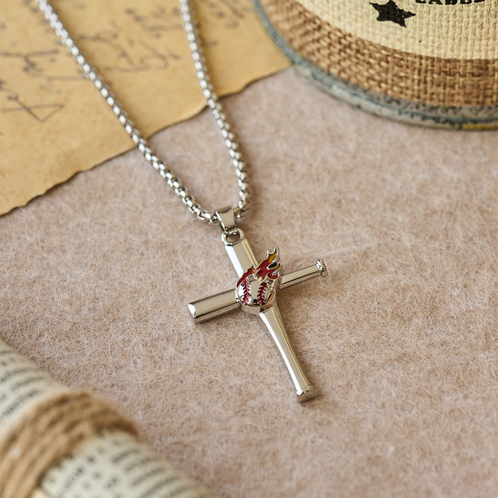 Christianartworkshop Philippians 4:13 Baseball Cross Necklace with Flame Detail: A Symbol of Divine Strength & Athletic Faith - Baseball & PH4:13 - image 0