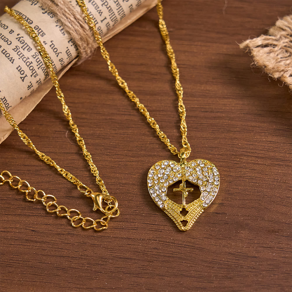 Christianartworkshop Zircon-Encrusted Heart Cross Necklace with Angel Wings: A Symbol of Divine Love & Grace - Angel Wing & Cross - image 0