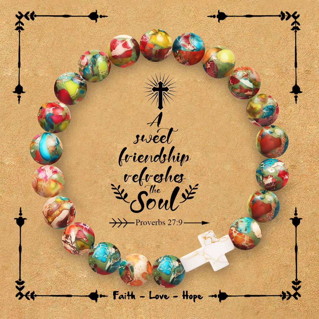 FREE Today: Natural Stone Cross Bracelet with Proverbs 27:9 Card: A Symbol of Divine Friendship & Grace - Emperor Stone - image 0
