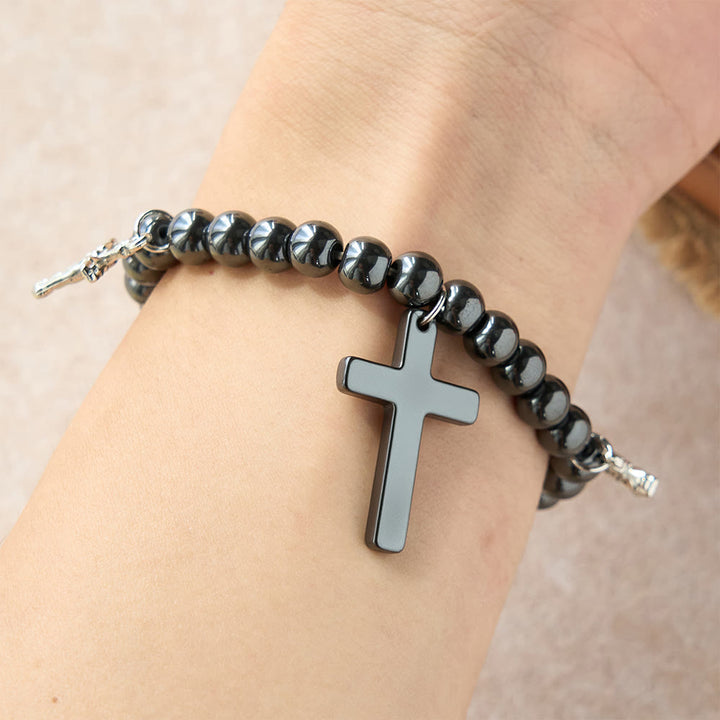 Christianartworkshop Hematite Bead Cross Pendant Bracelet with Mini Cross Charms: A Symbol of Divine Protection & Faith - image 1